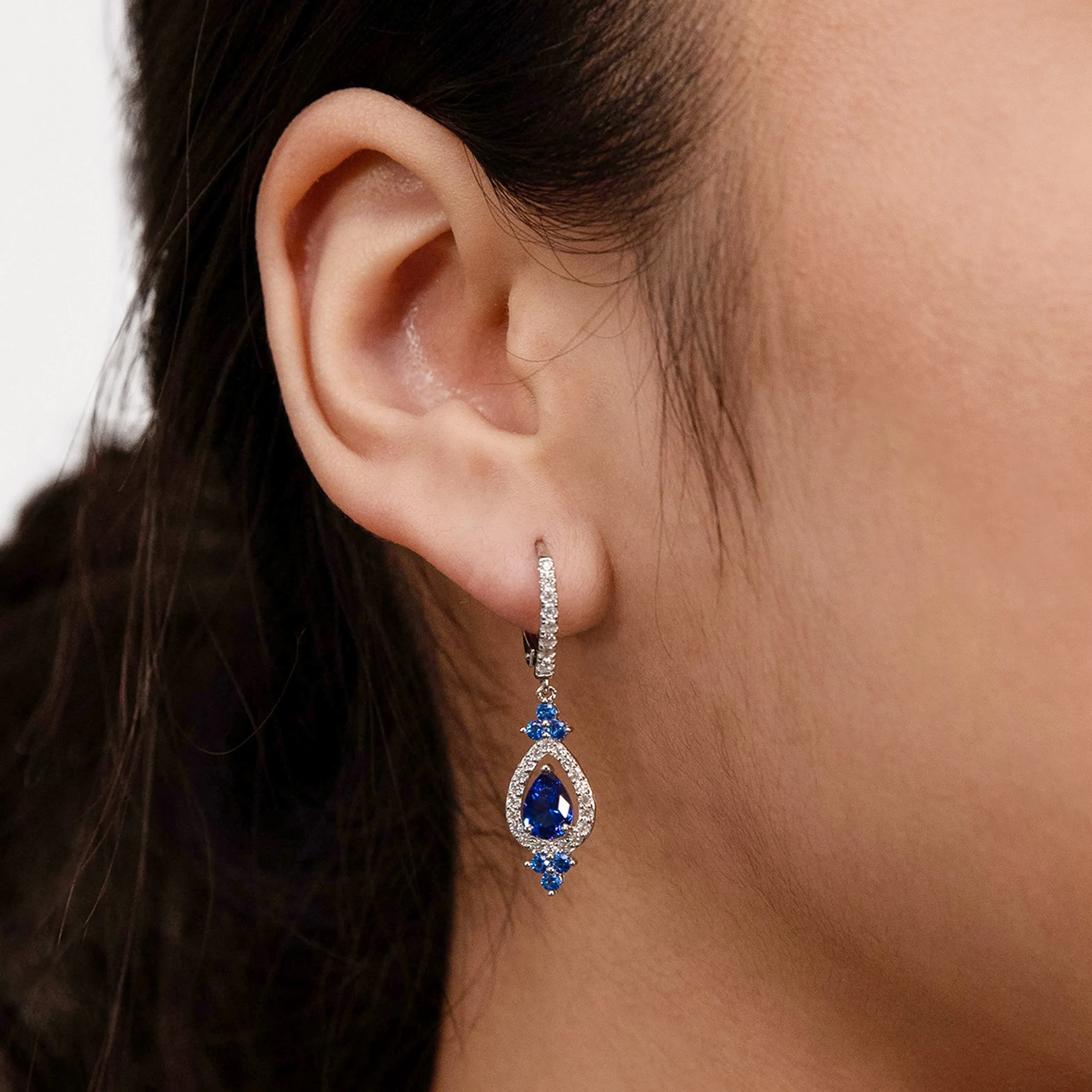 Sterling Silver Rhodium Plated Sapphire Blue & White Cubic Zirconia Drop Earring