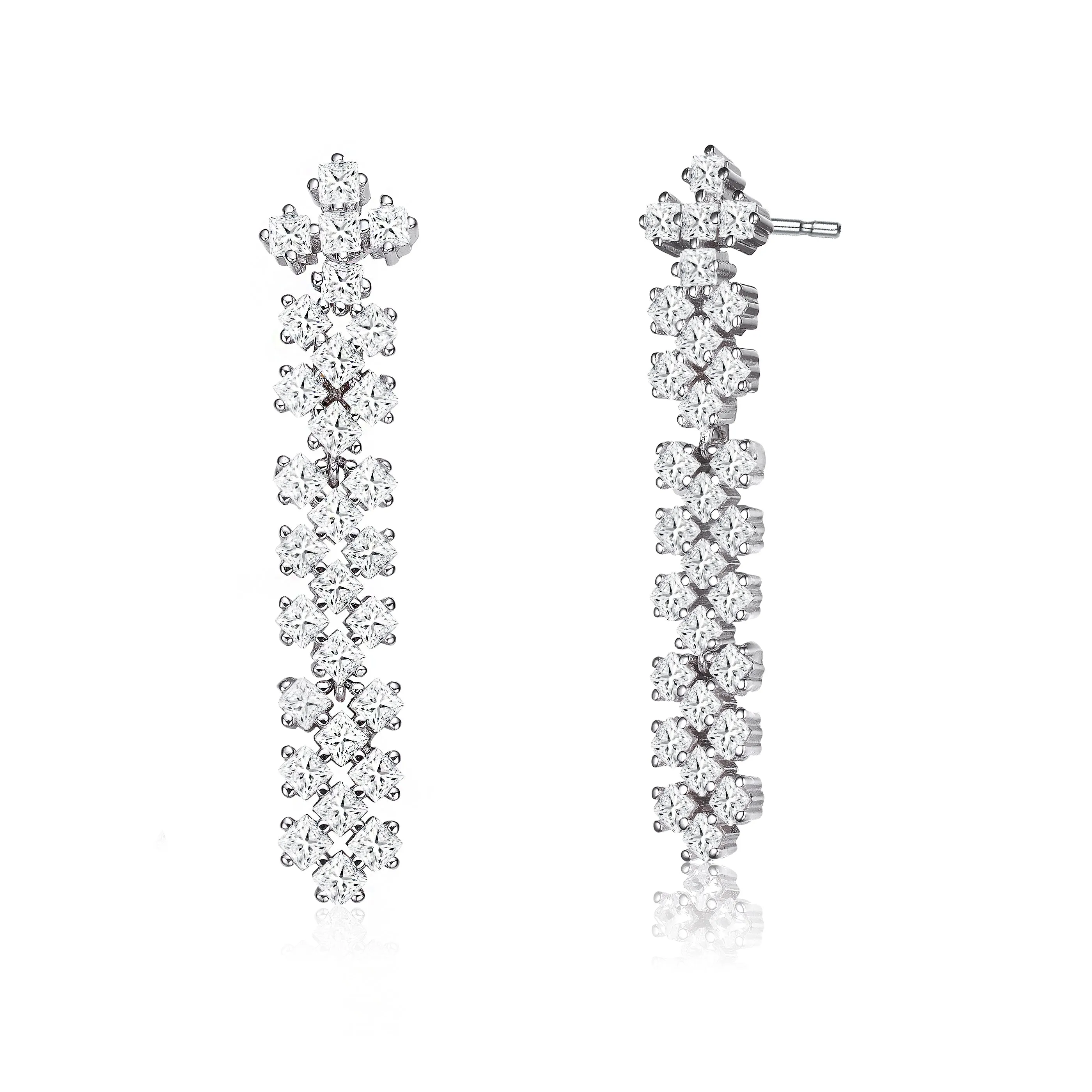 Sterling Silver with Rhodium Plated Clear Princess Cubic Zirconia Lattice Style Dangle Earrings