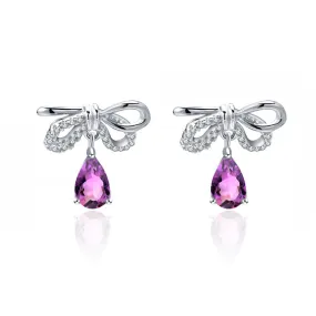 Sweet Bowknot Pear Shape Natural Gemstone Silver Drop Earrings