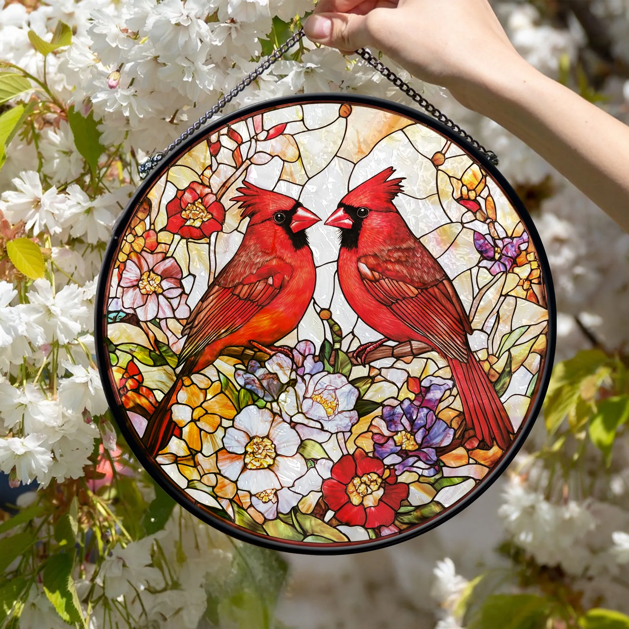 Teesdily | Couple Cardinal Stained Glass Window Hanging, Christmas Cardinal Stained Glass Printed Wall Decor, Christmas Suncatcher