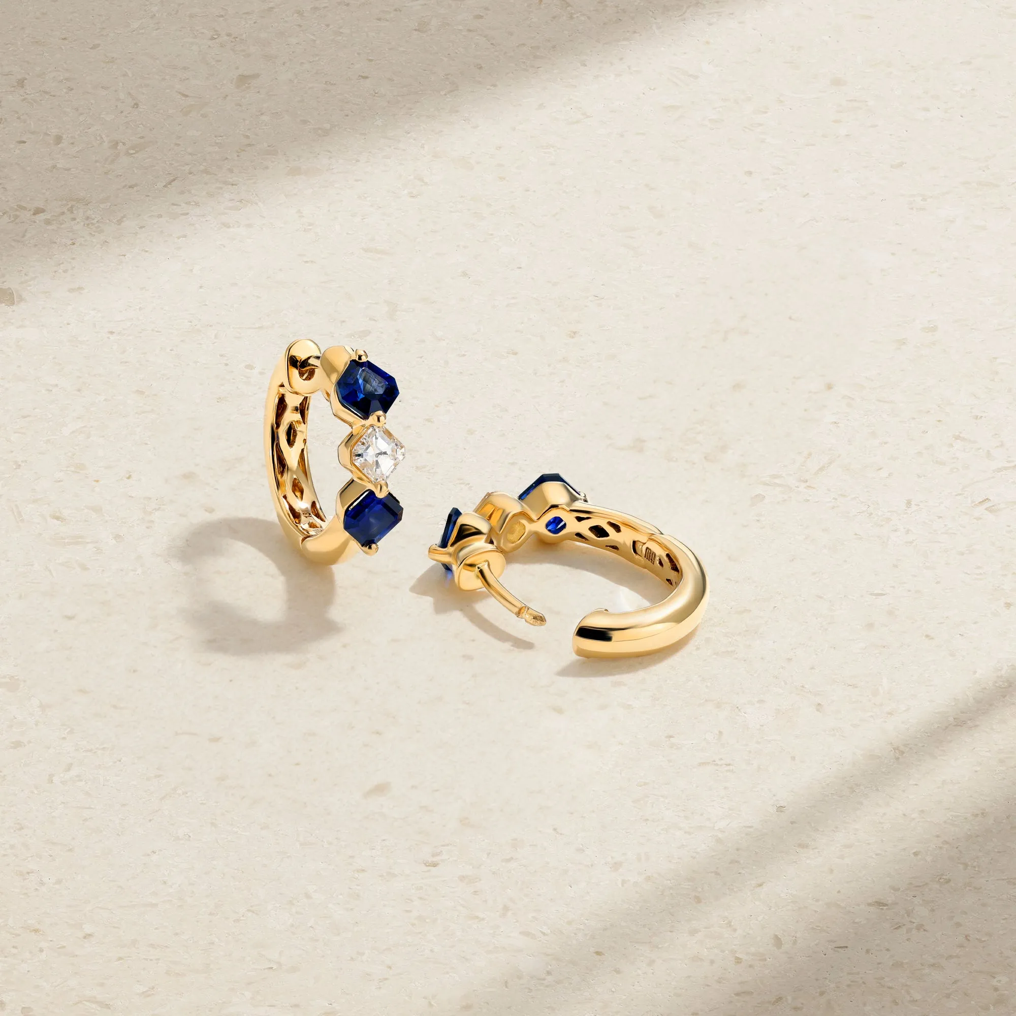 Triple Asscher Sapphire and Diamond Huggie Earrings