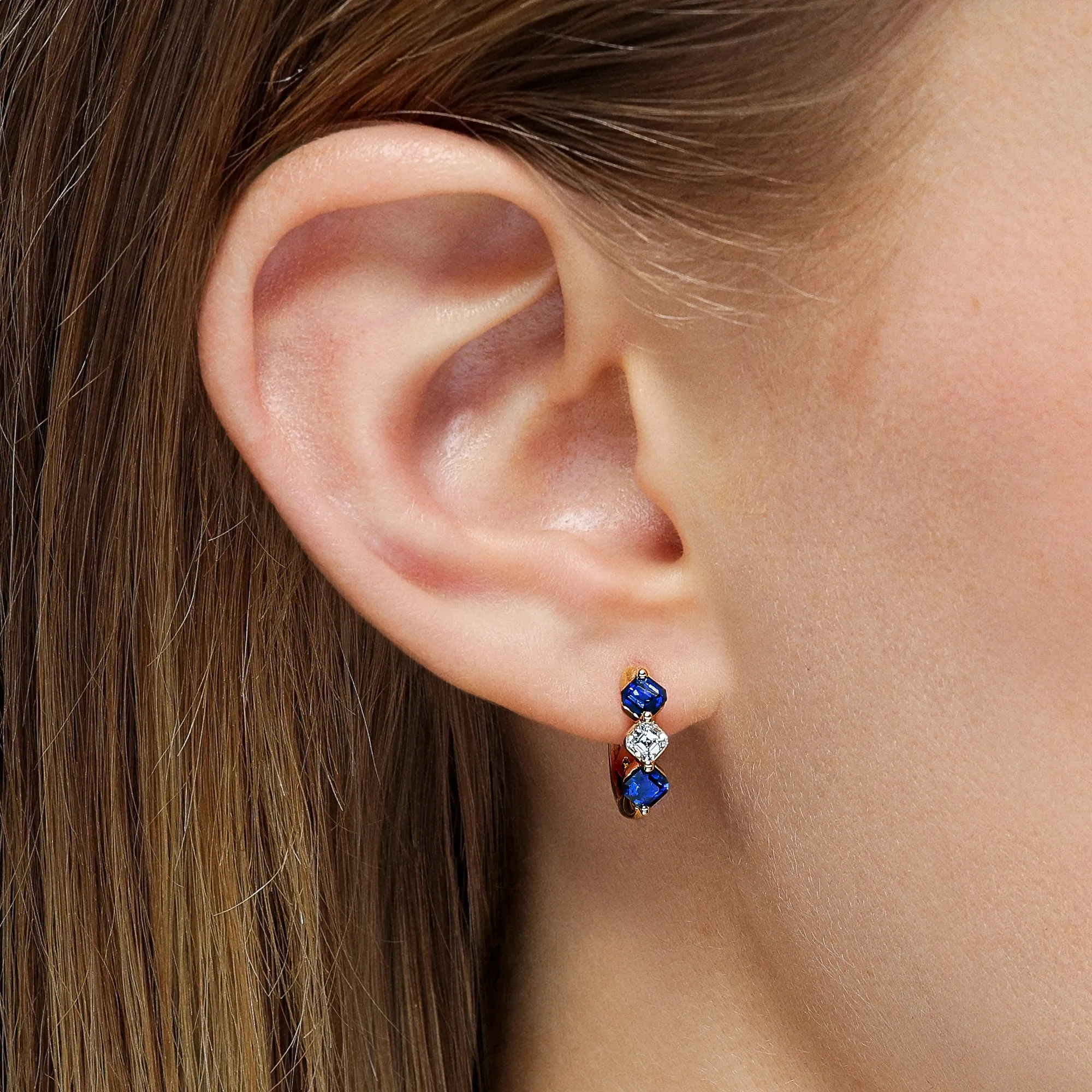 Triple Asscher Sapphire and Diamond Huggie Earrings
