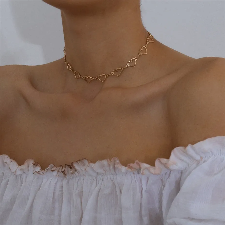 VenusFox Gothic Sweet Love Heart Small Choker Necklace Statement Girlfriend Women Gift Korean Cute Silver Color Chain Best Couple Jewelry