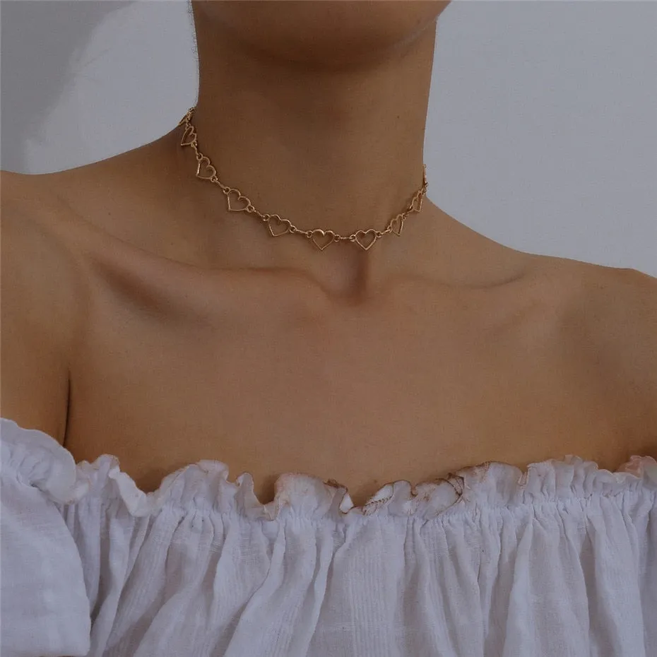 VenusFox Gothic Sweet Love Heart Small Choker Necklace Statement Girlfriend Women Gift Korean Cute Silver Color Chain Best Couple Jewelry