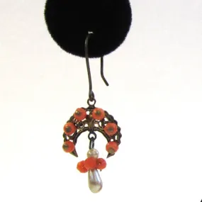 Victorian Half-Moon Filigree Coral and Faux Pearl Earrings