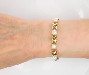 Vintage 14k Yellow Gold Pearl Bracelet, Hugs and Kisses Pearl Bridal Bracelet, June Birthstone Bracelet 7.5"