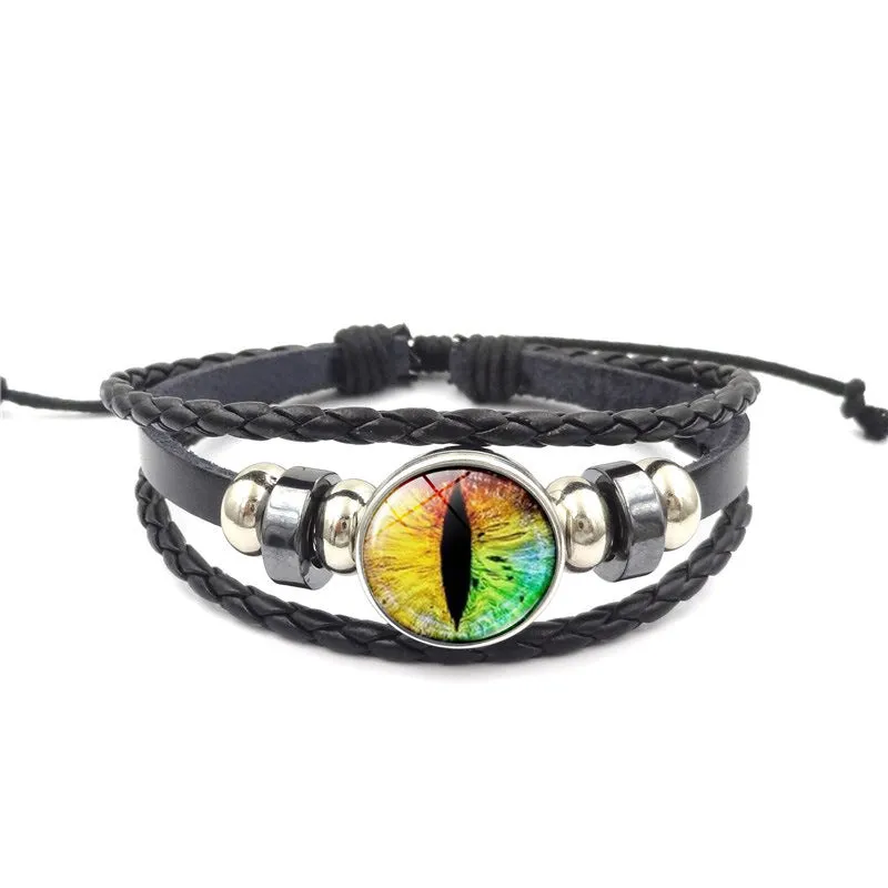 Vintage Animal Eyes Sunny Time Gemstone Bracelet Multilayer Braided Beaded Leather Bracelet