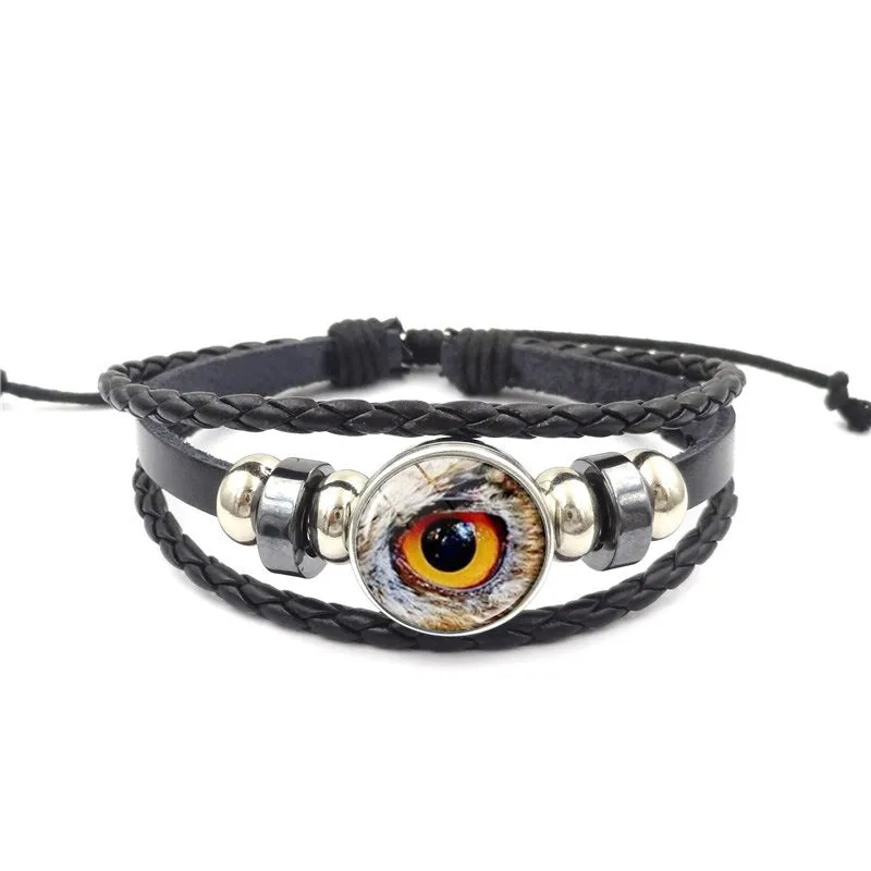 Vintage Animal Eyes Sunny Time Gemstone Bracelet Multilayer Braided Beaded Leather Bracelet