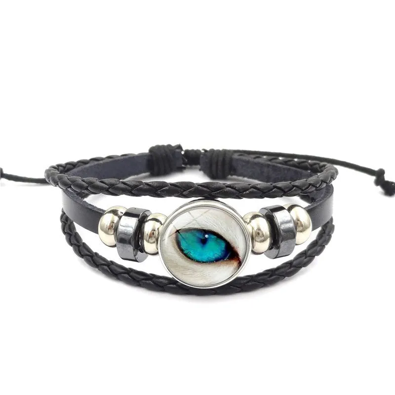 Vintage Animal Eyes Sunny Time Gemstone Bracelet Multilayer Braided Beaded Leather Bracelet