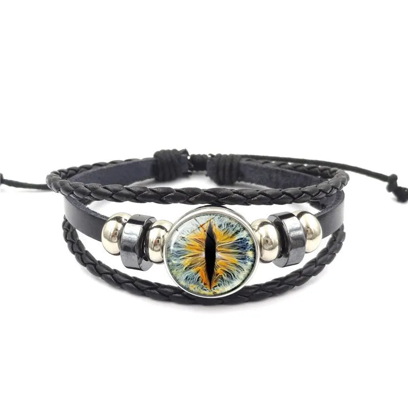 Vintage Animal Eyes Sunny Time Gemstone Bracelet Multilayer Braided Beaded Leather Bracelet