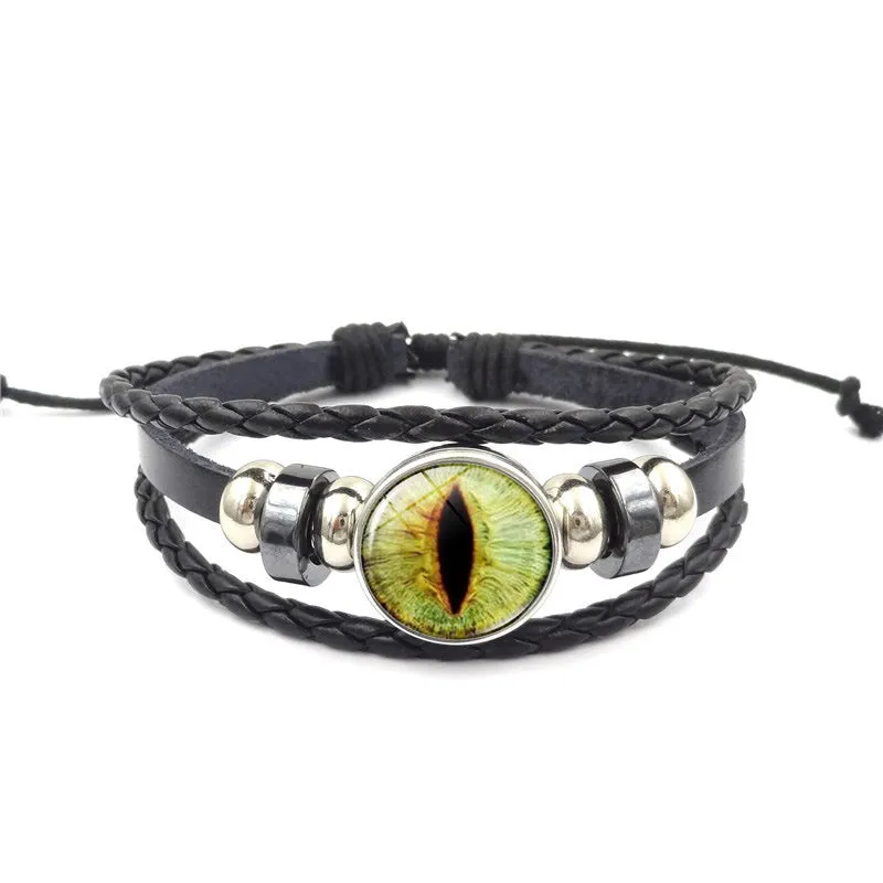 Vintage Animal Eyes Sunny Time Gemstone Bracelet Multilayer Braided Beaded Leather Bracelet