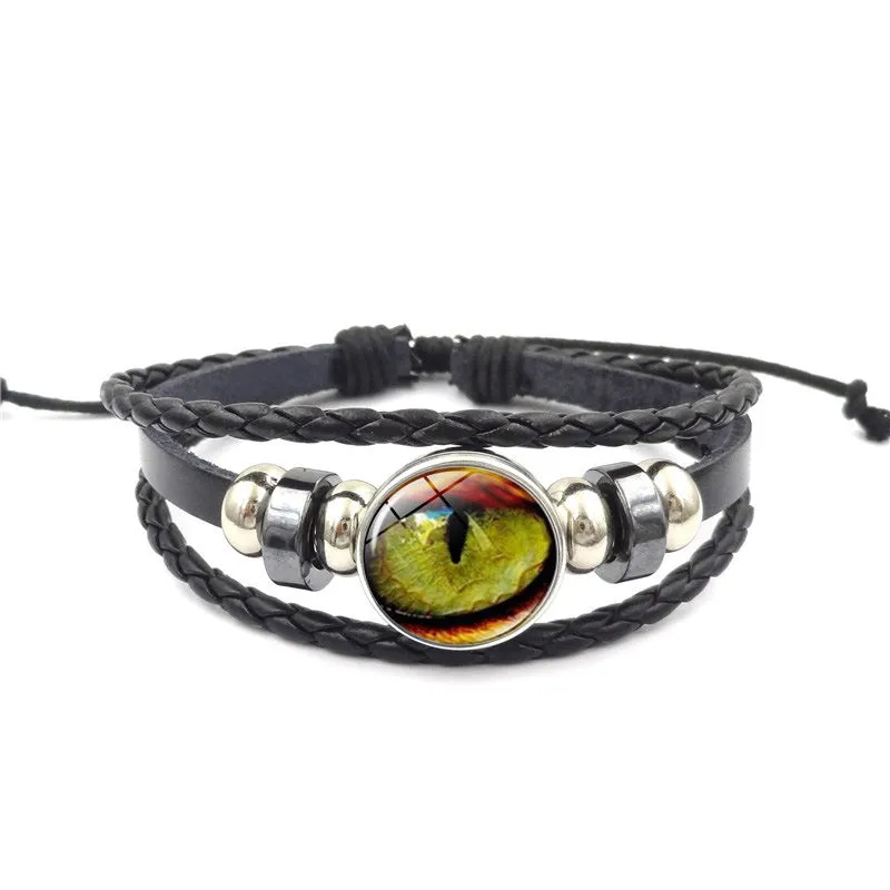 Vintage Animal Eyes Sunny Time Gemstone Bracelet Multilayer Braided Beaded Leather Bracelet