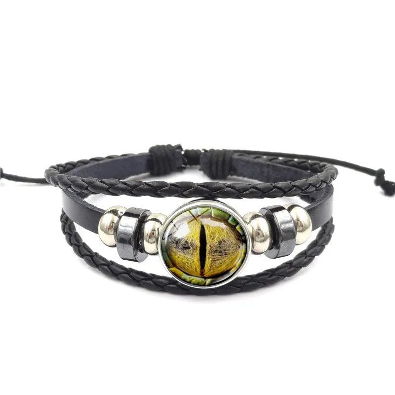 Vintage Animal Eyes Sunny Time Gemstone Bracelet Multilayer Braided Beaded Leather Bracelet