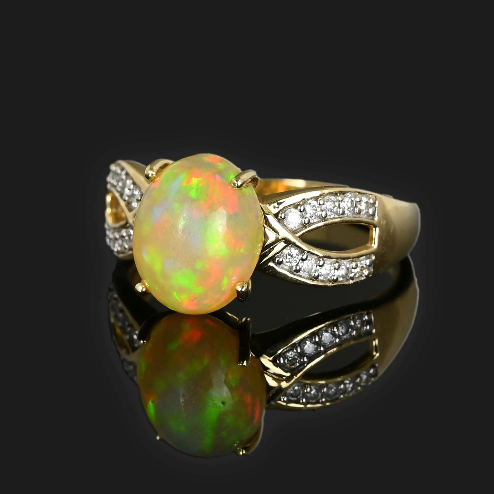 Vintage Diamond Jelly Opal Ring in 14K Gold