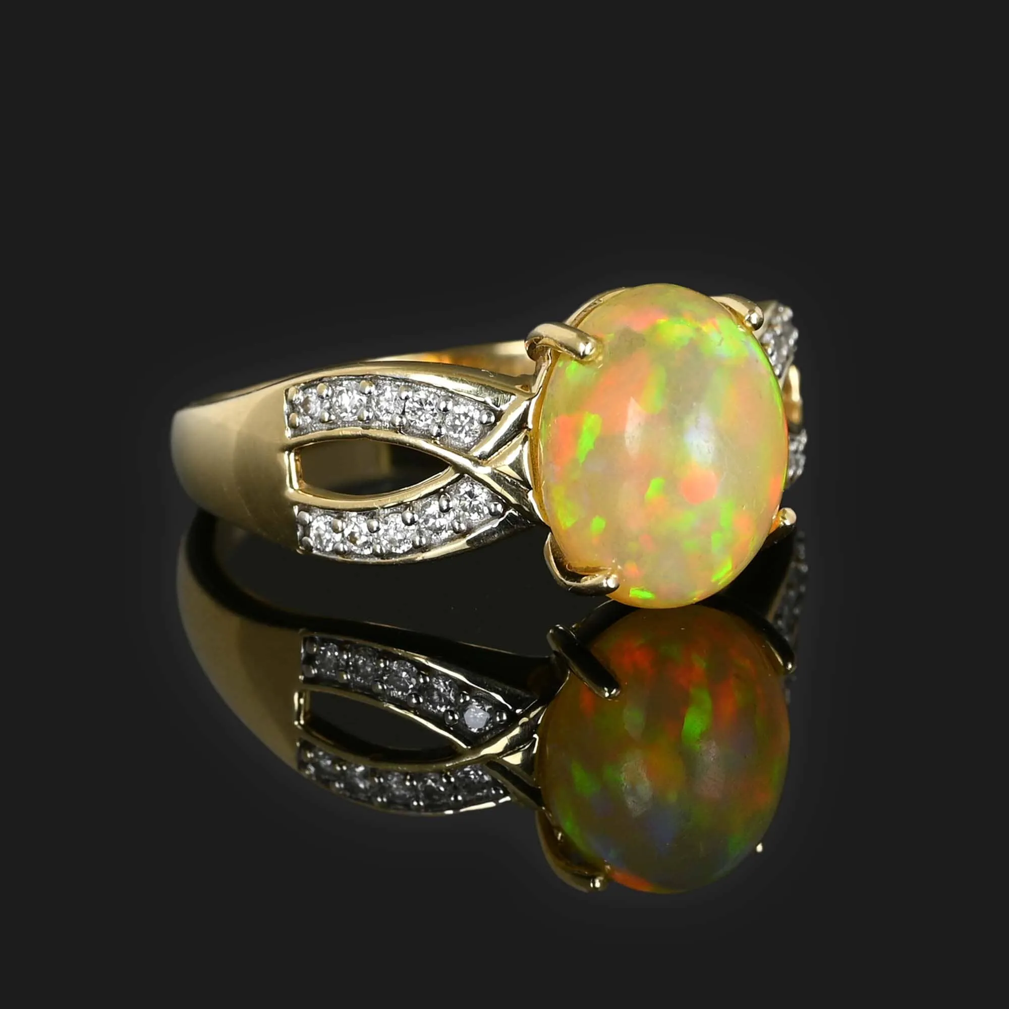 Vintage Diamond Jelly Opal Ring in 14K Gold