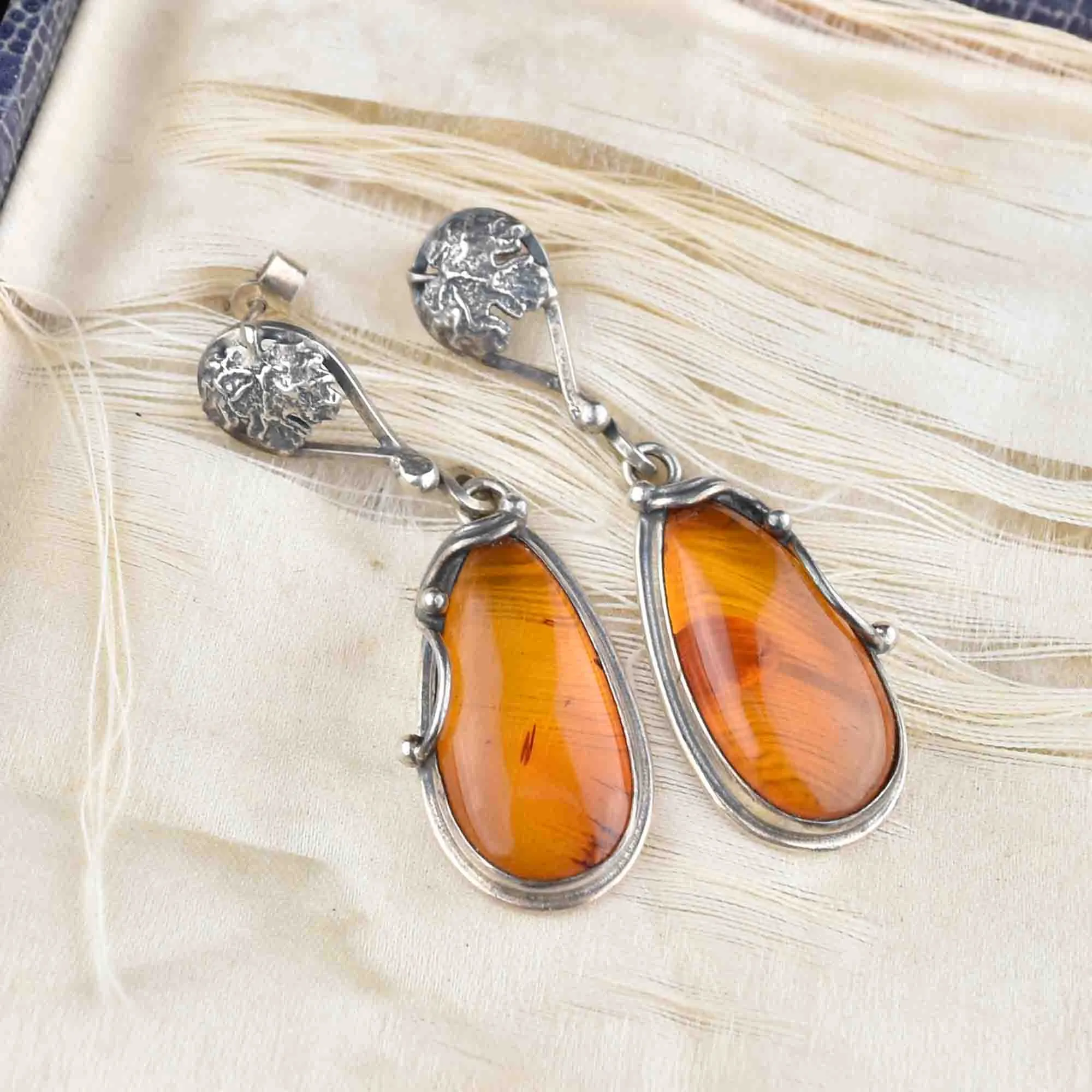 Vintage Silver Baltic Amber Dangle Earrings
