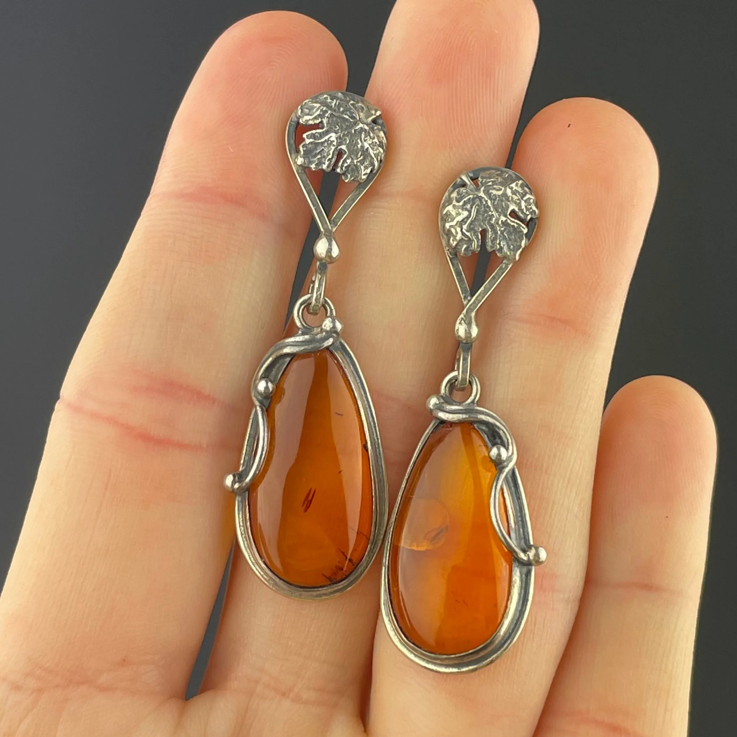 Vintage Silver Baltic Amber Dangle Earrings
