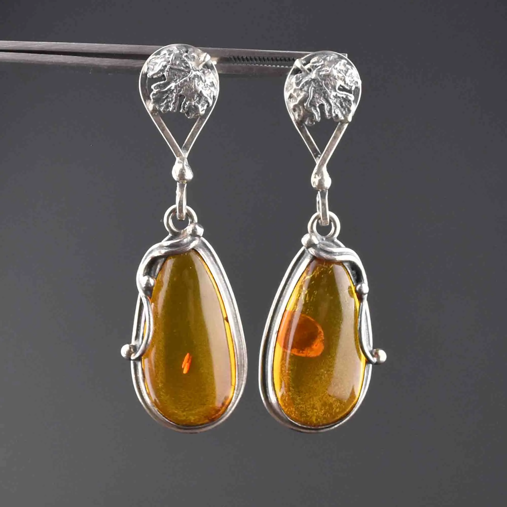 Vintage Silver Baltic Amber Dangle Earrings