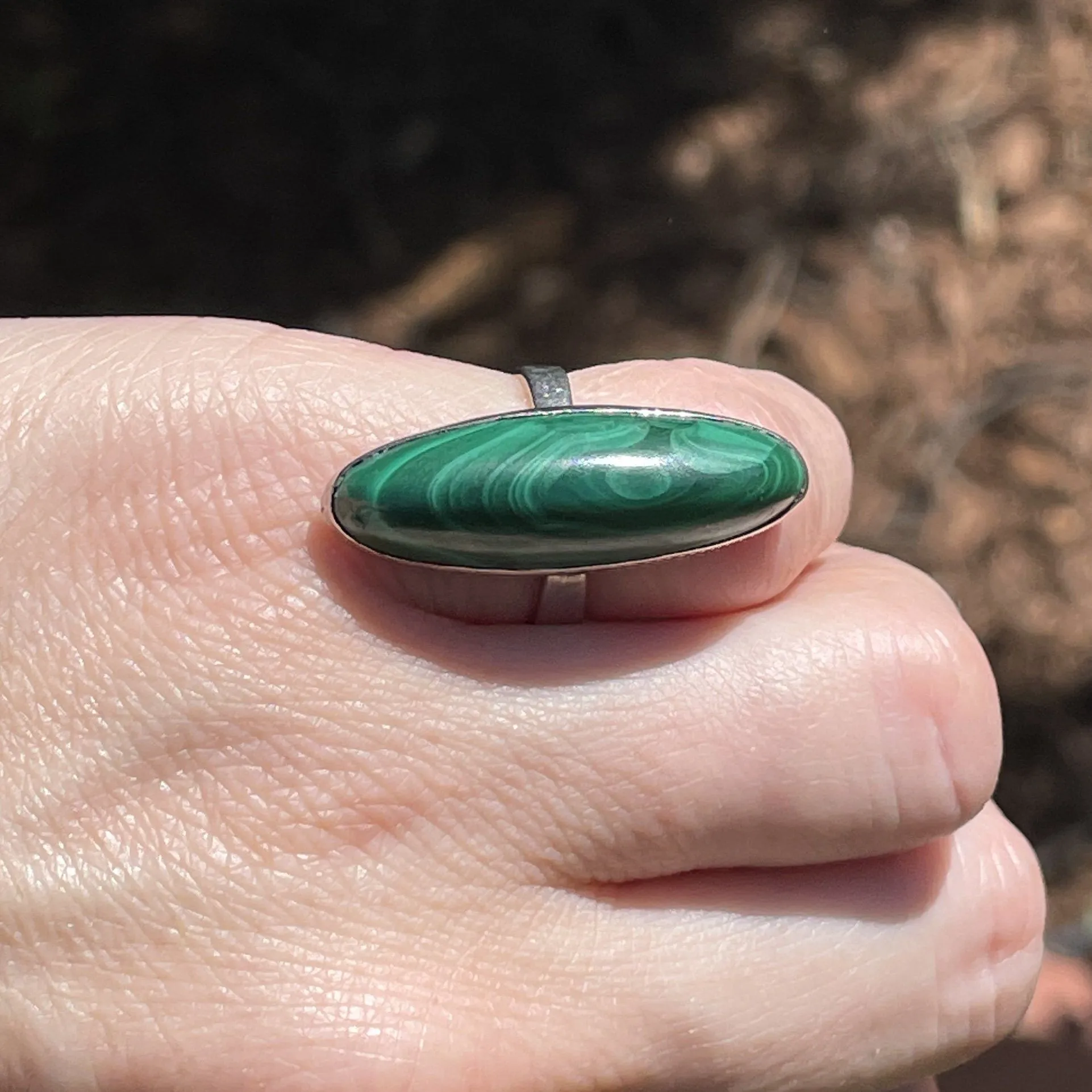 Vintage Silver Malachite Long Marquise Cabochon Ring