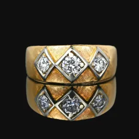 Vintage Wide 14K Gold Three Stone Diamond Ring Band