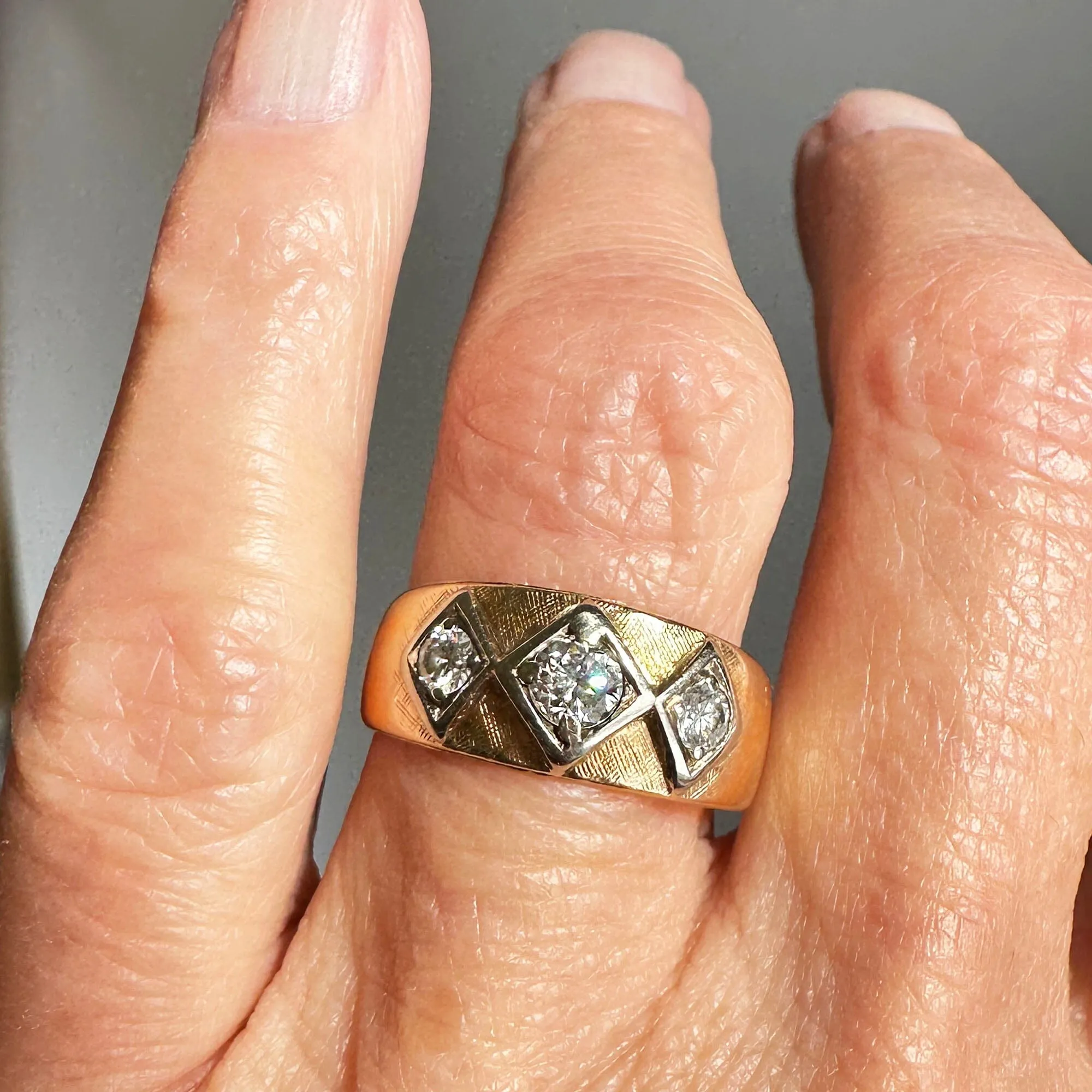 Vintage Wide 14K Gold Three Stone Diamond Ring Band