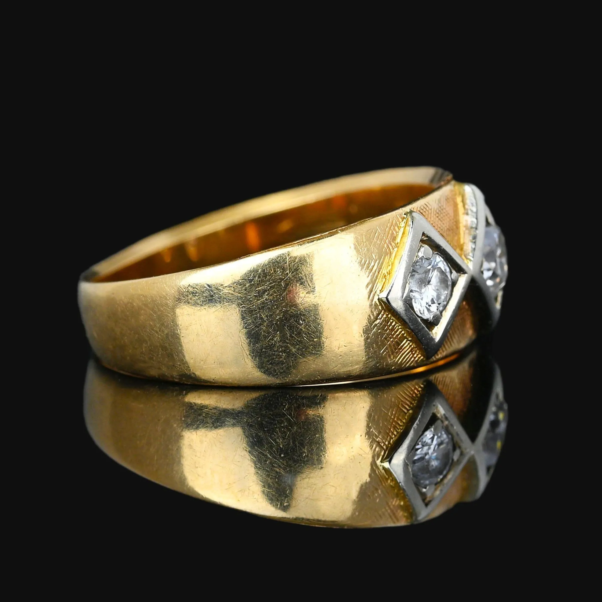 Vintage Wide 14K Gold Three Stone Diamond Ring Band