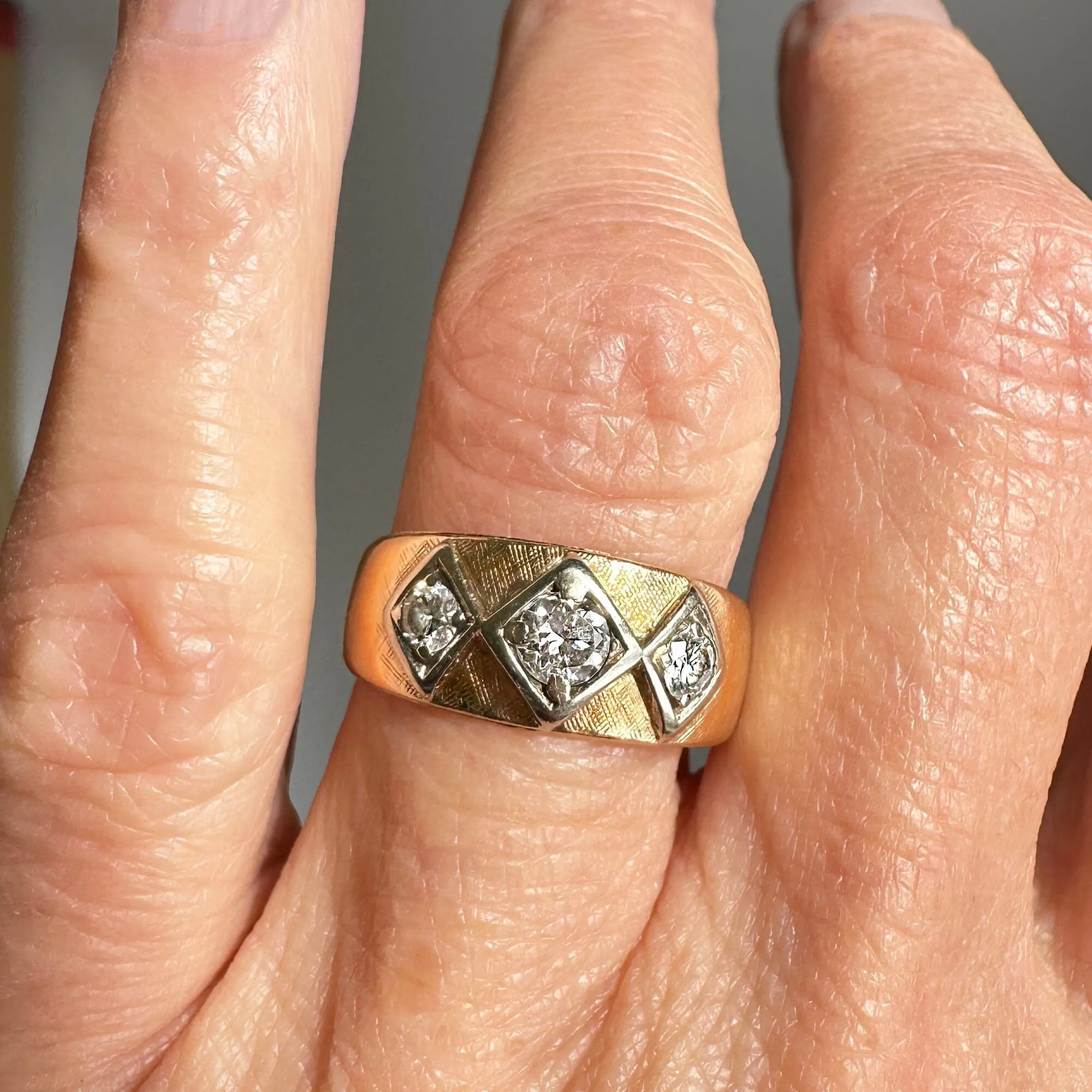 Vintage Wide 14K Gold Three Stone Diamond Ring Band