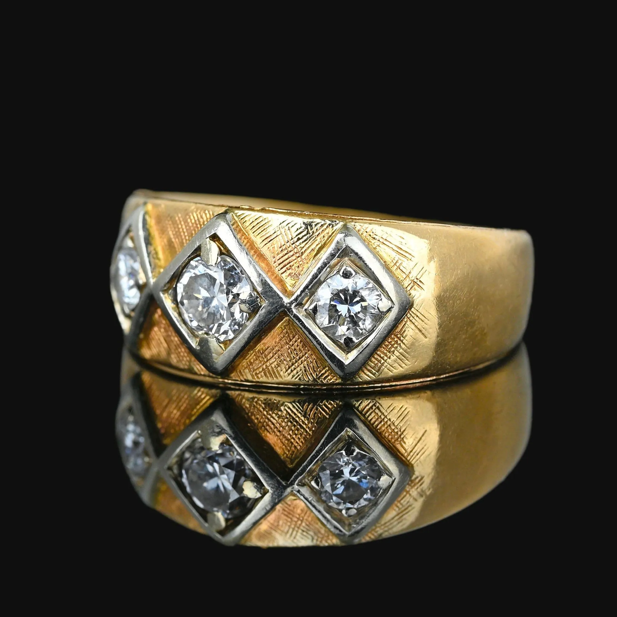 Vintage Wide 14K Gold Three Stone Diamond Ring Band