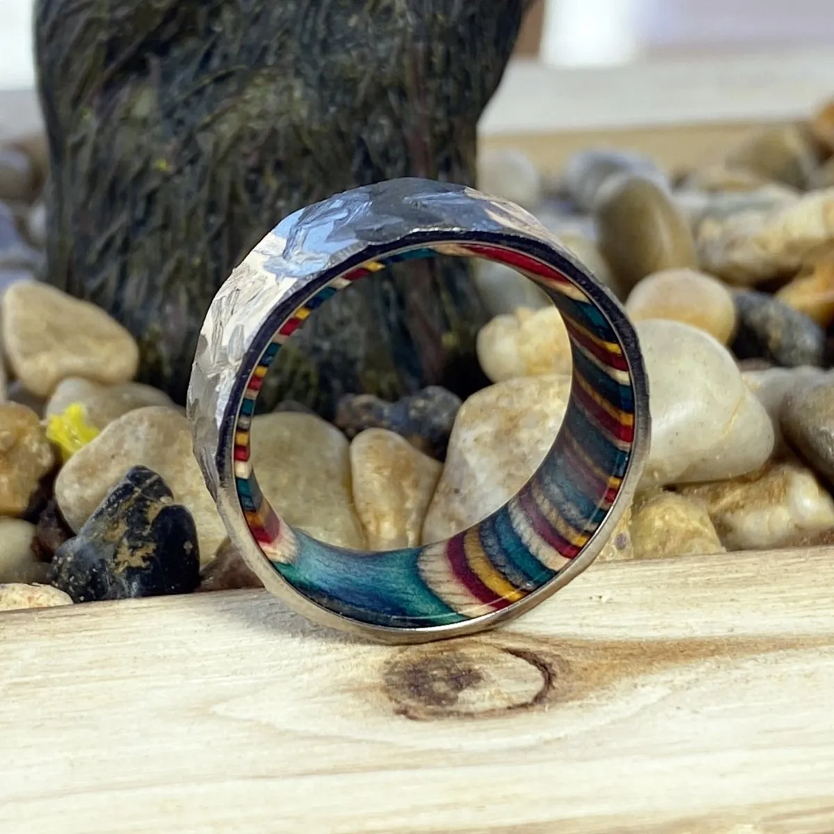 VIRAGE | Multi Color Wood, Silver Titanium Ring, Hammered, Flat