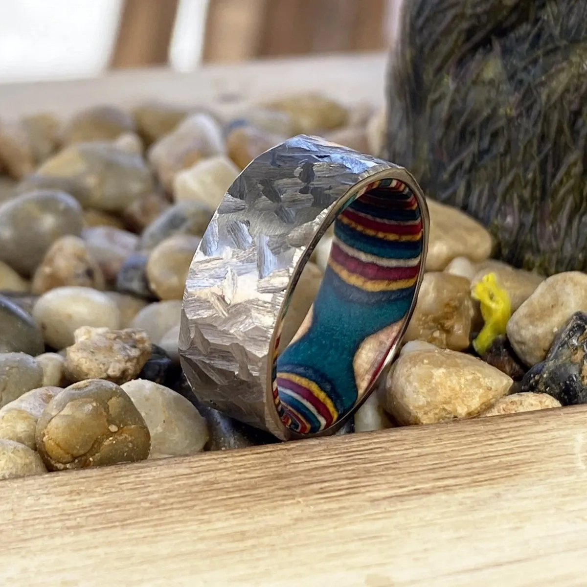 VIRAGE | Multi Color Wood, Silver Titanium Ring, Hammered, Flat