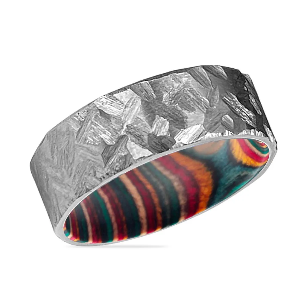 VIRAGE | Multi Color Wood, Silver Titanium Ring, Hammered, Flat
