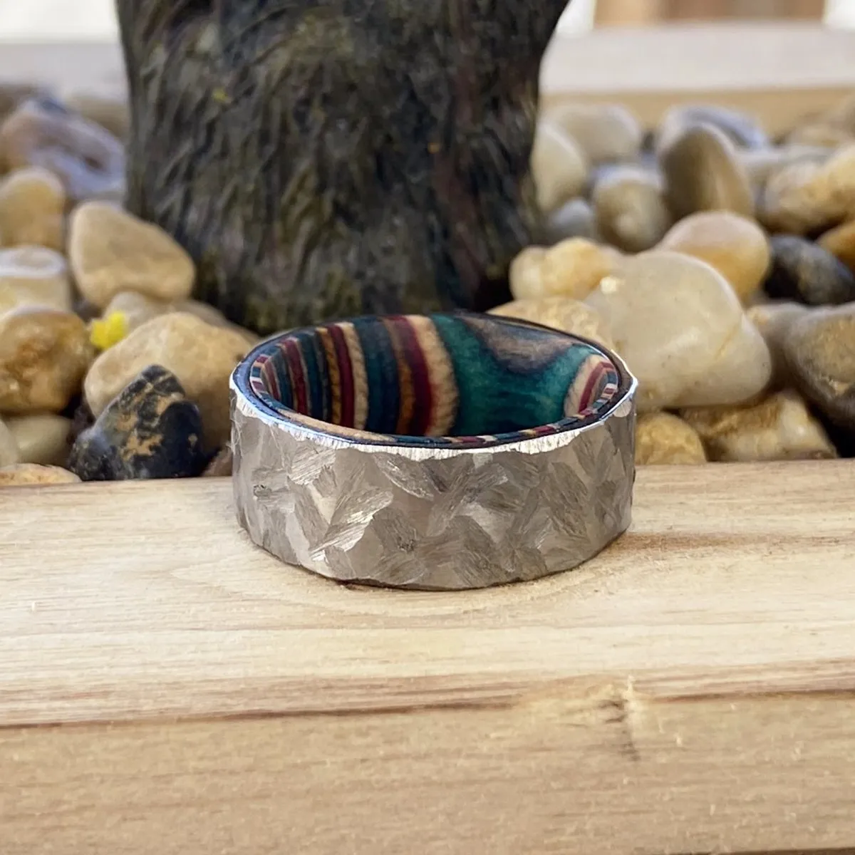 VIRAGE | Multi Color Wood, Silver Titanium Ring, Hammered, Flat