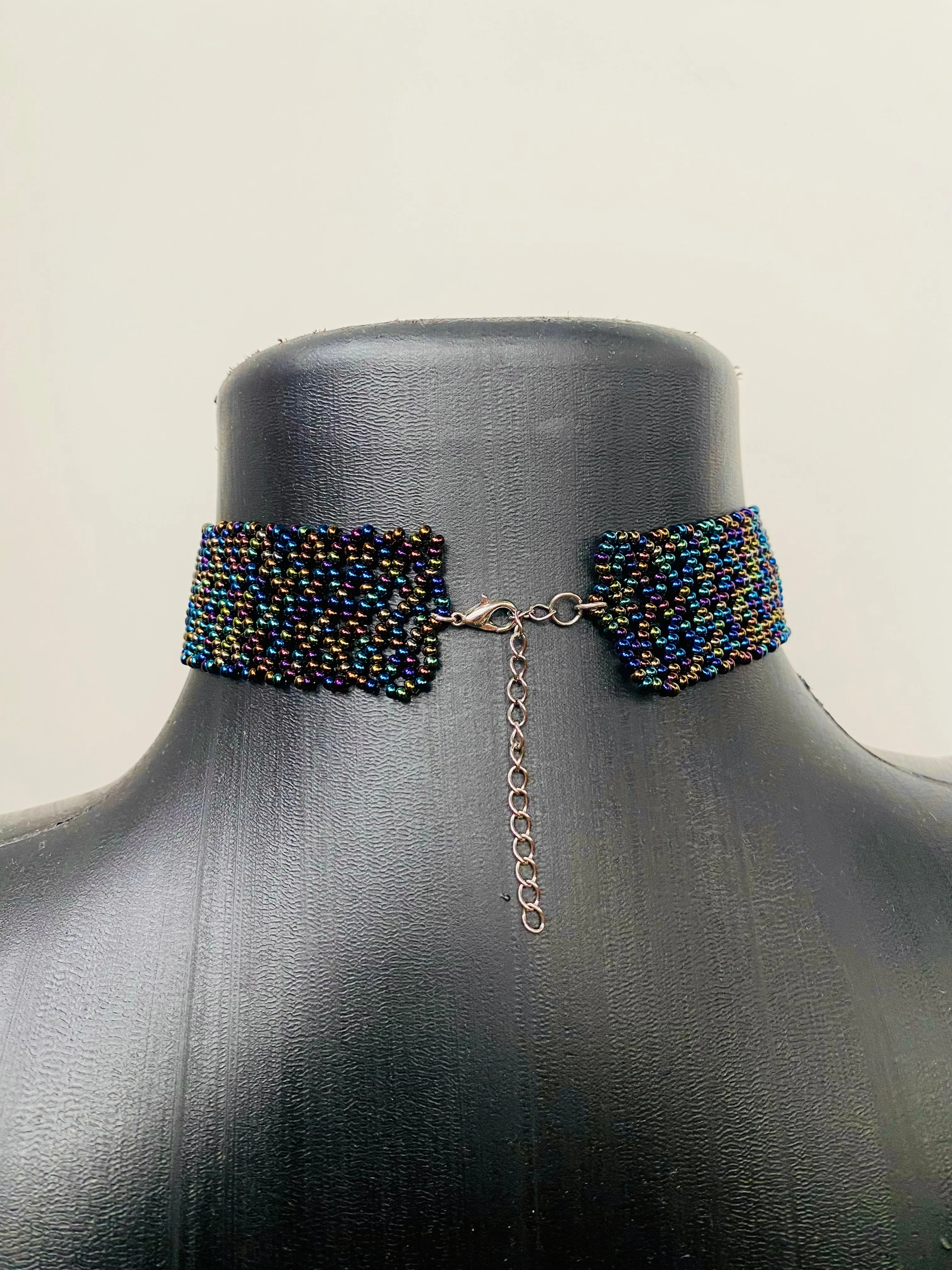 Wide Choker, Navy Blue Seed Bead Choker Collar, Thick Choker Necklace, Lace Choker, Dark Confetti  Choker, Boho Hippie Choker, Sexy choker