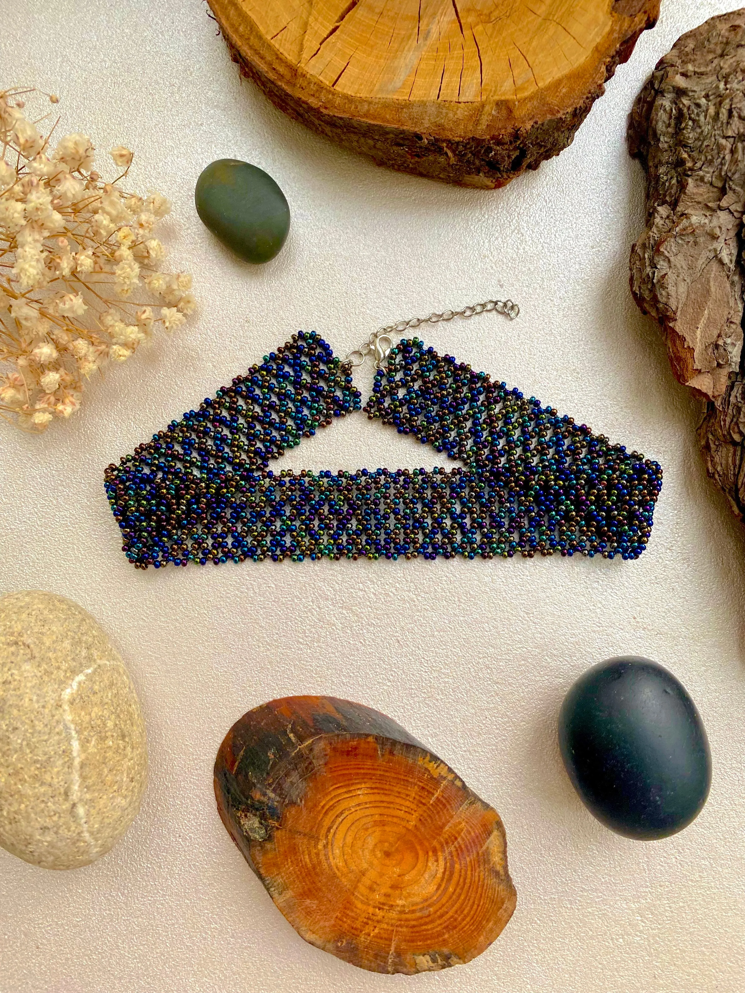 Wide Choker, Navy Blue Seed Bead Choker Collar, Thick Choker Necklace, Lace Choker, Dark Confetti  Choker, Boho Hippie Choker, Sexy choker