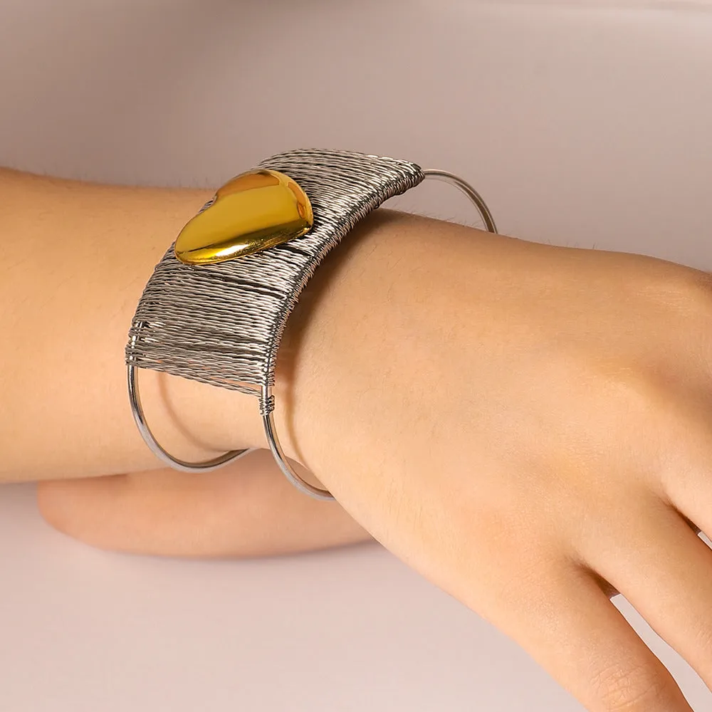 Wire Styled Gold Heart Inlaid Cuff Silver Bracelet JLTB0614