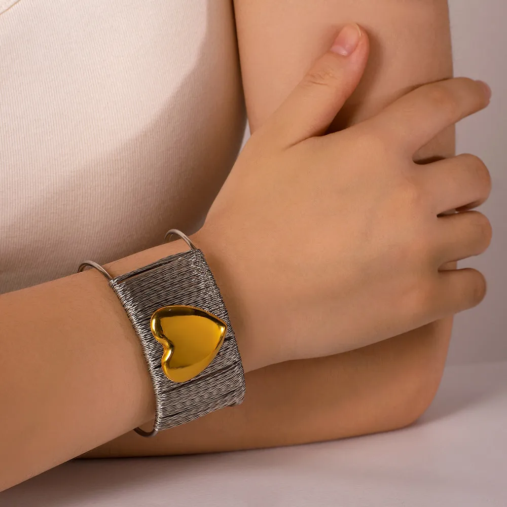 Wire Styled Gold Heart Inlaid Cuff Silver Bracelet JLTB0614