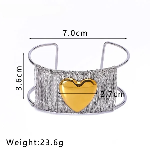 Wire Styled Gold Heart Inlaid Cuff Silver Bracelet JLTB0614