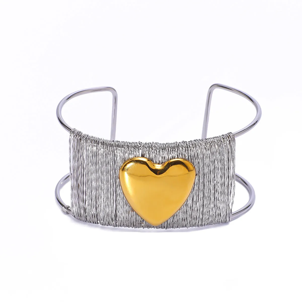 Wire Styled Gold Heart Inlaid Cuff Silver Bracelet JLTB0614