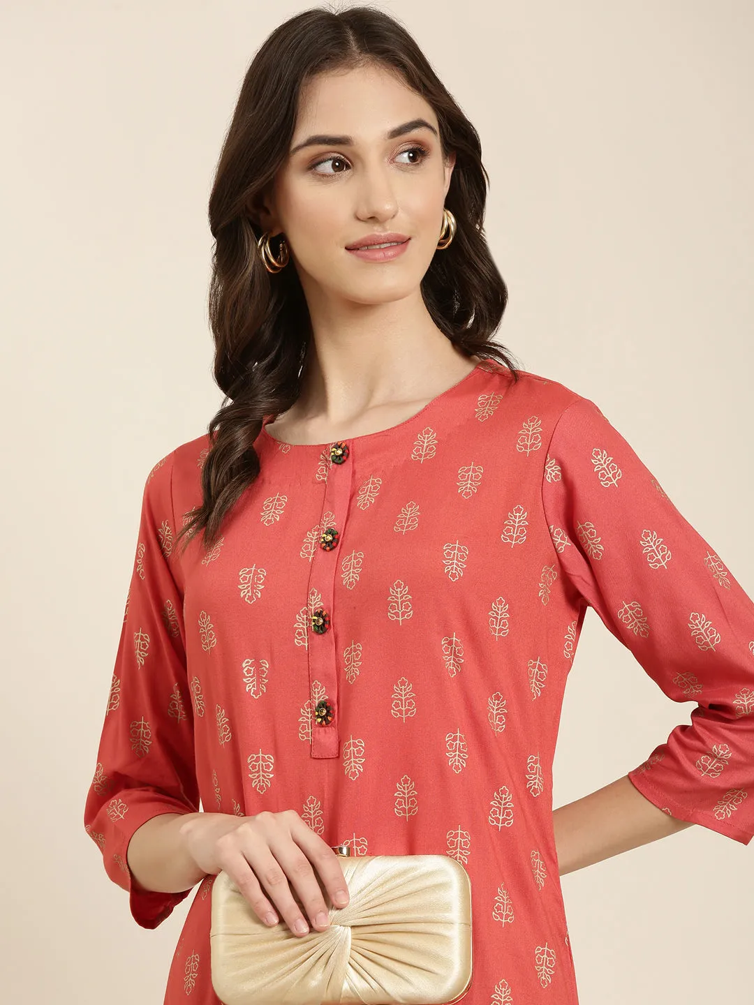 Women Coral Floral Straight Kurta
