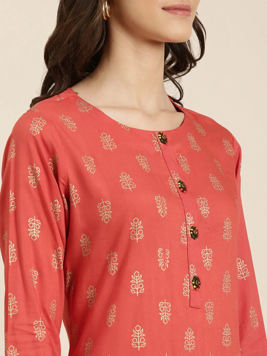 Women Coral Floral Straight Kurta
