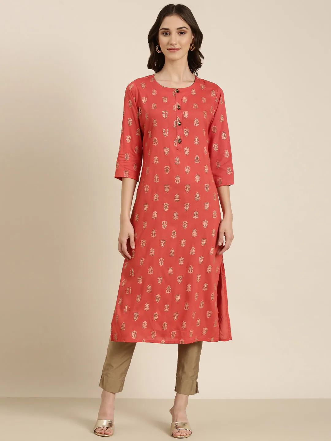 Women Coral Floral Straight Kurta